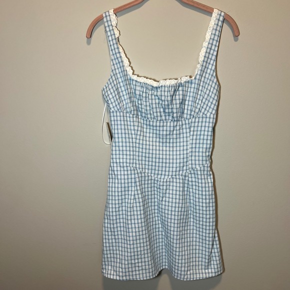 Bullhead Dresses & Skirts - PacSun Your Favorite Blue Gingham Lace Trim Mini Dress Milkmaid Cottagecore S